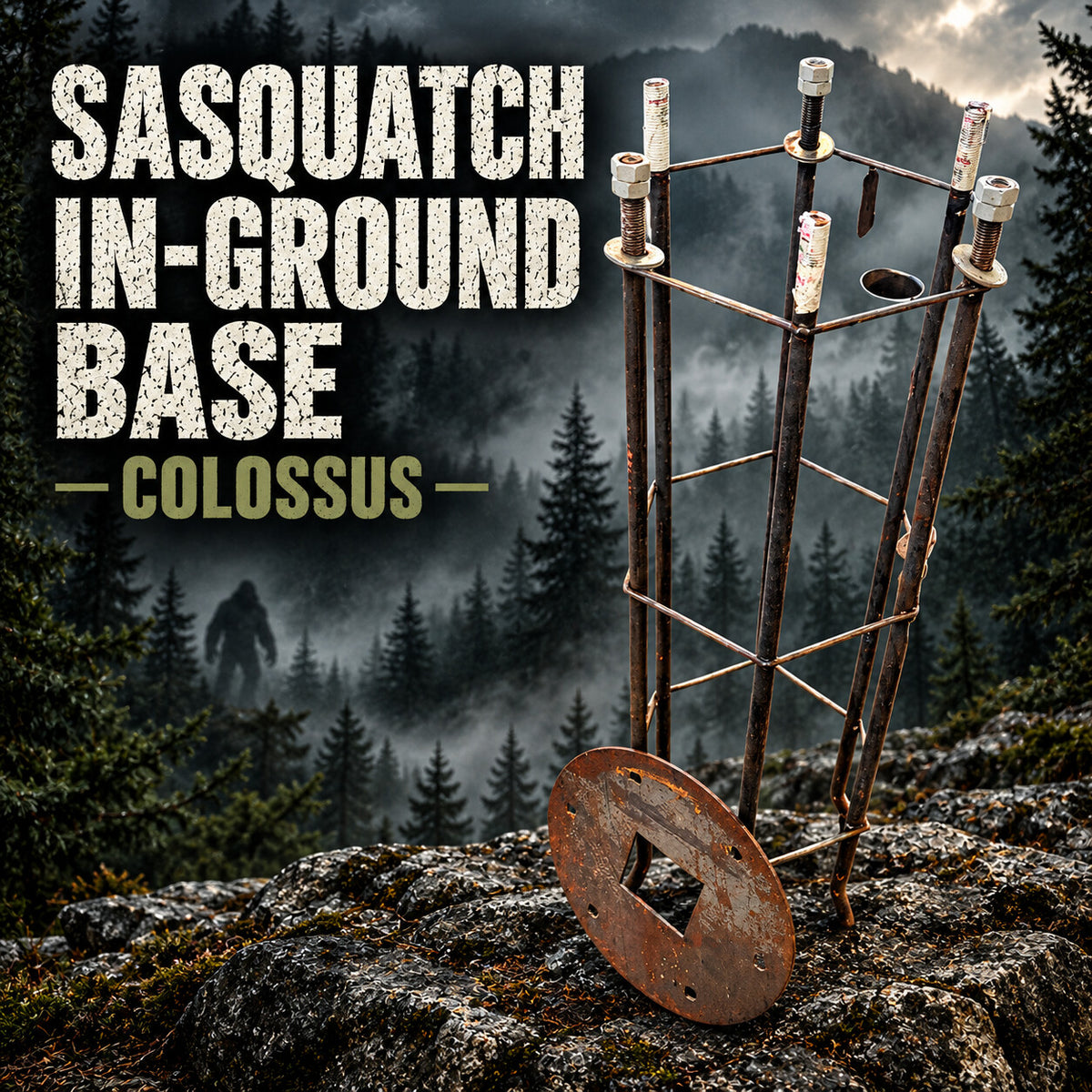 Sasquatch Colossus in-ground steel anchor cage with threaded rods and a separate alignment plate.