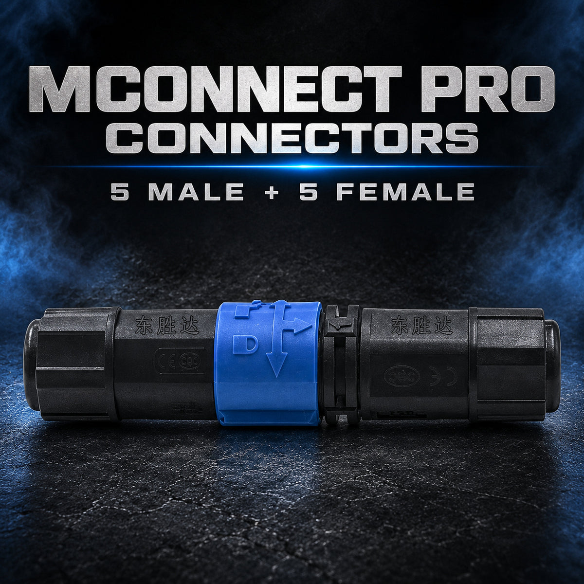 Mconnect Pro black male and female connectors joined with a blue locking collar; pack includes five male and five female connectors.