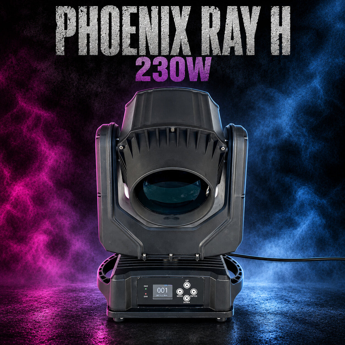 Phoenix Ray 230W moving head light with front lens, yoke, control display, and attached cable.