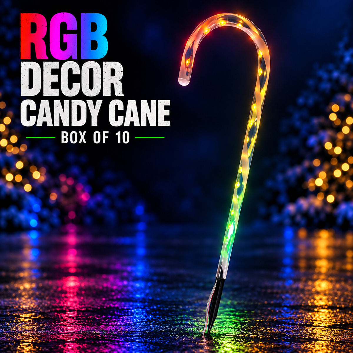 An RGB Decor candy cane with illuminated multicolor pixels, clear curved body, and black ground stake; box of 10.
