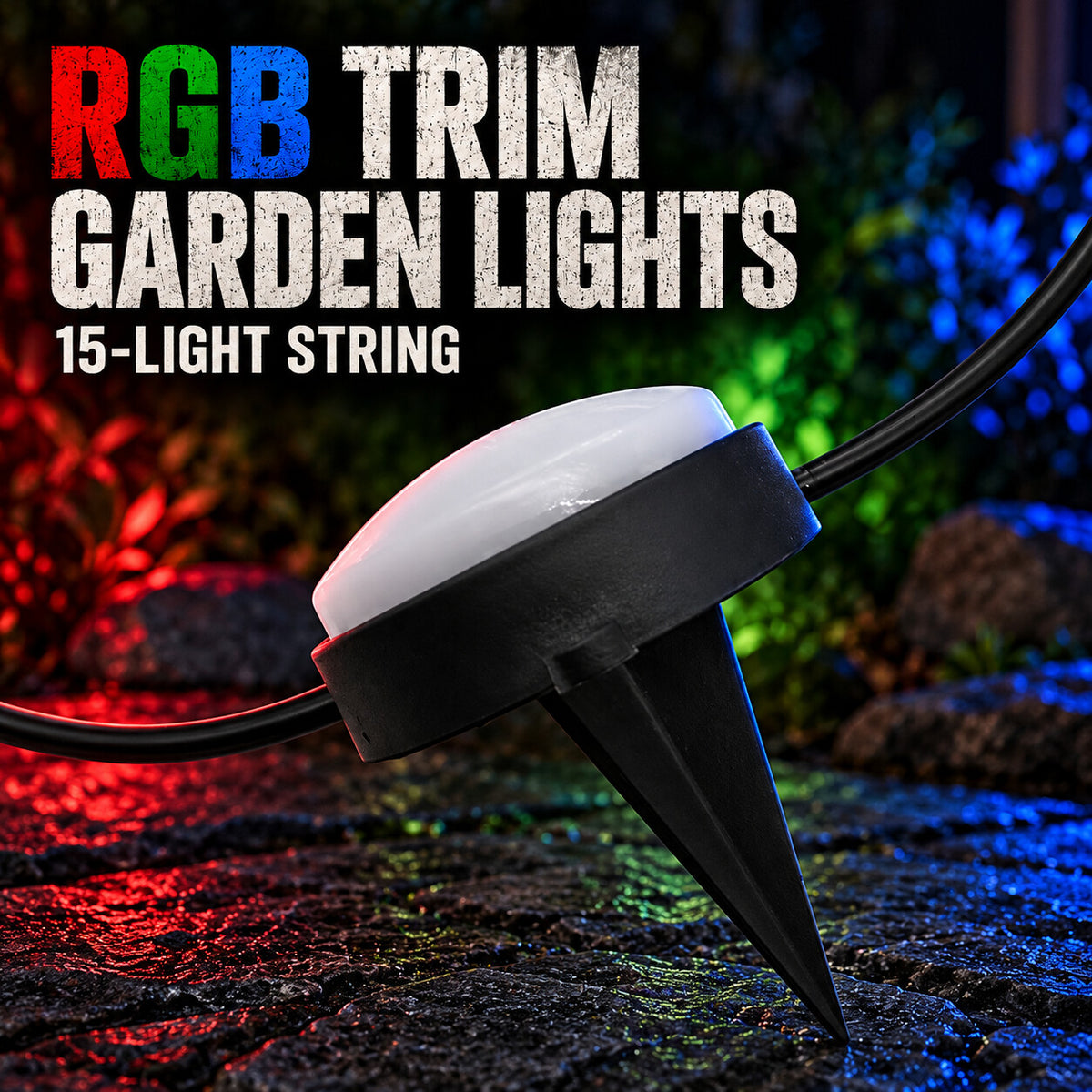 RGB Trim garden light detail showing its white diffuser, black housing, ground spike and connecting cable; 15-light string.