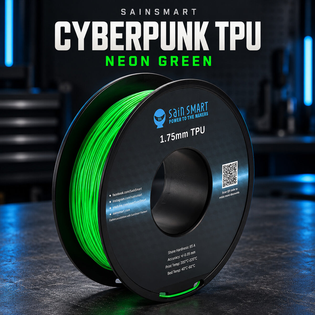 SainSmart Cyberpunk TPU filament in Neon Green, shown on the original labeled black spool.