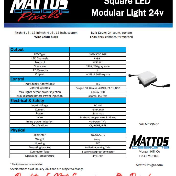 Square LED Modular Light 24v - Mattos Designs LLC