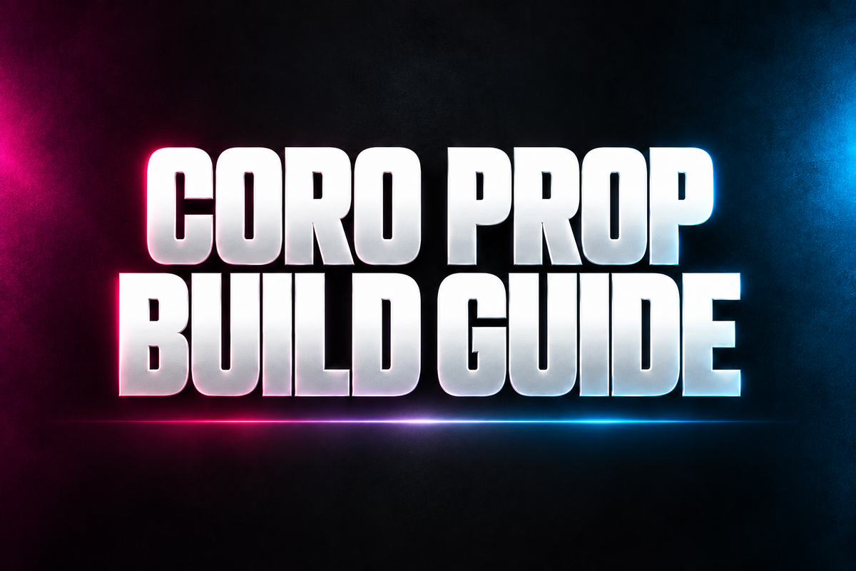 CORO PROP BUILD GUIDE word art in white on a dark background with magenta and blue accents