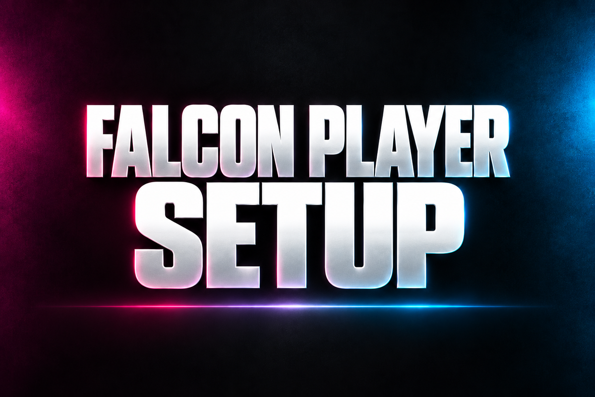 FALCON PLAYER SETUP word art in white on a dark background with magenta and blue accents