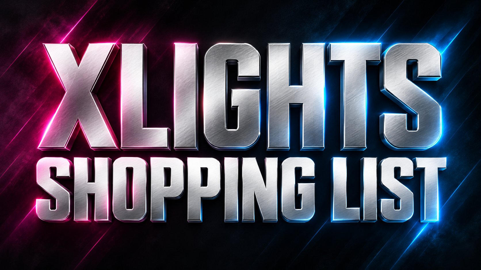xLights shopping list guide cover with silver lettering and magenta and blue accents.