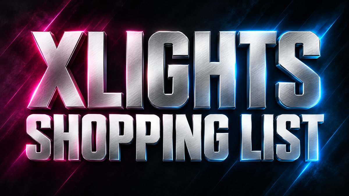 xLights shopping list guide cover with silver lettering and magenta and blue accents.