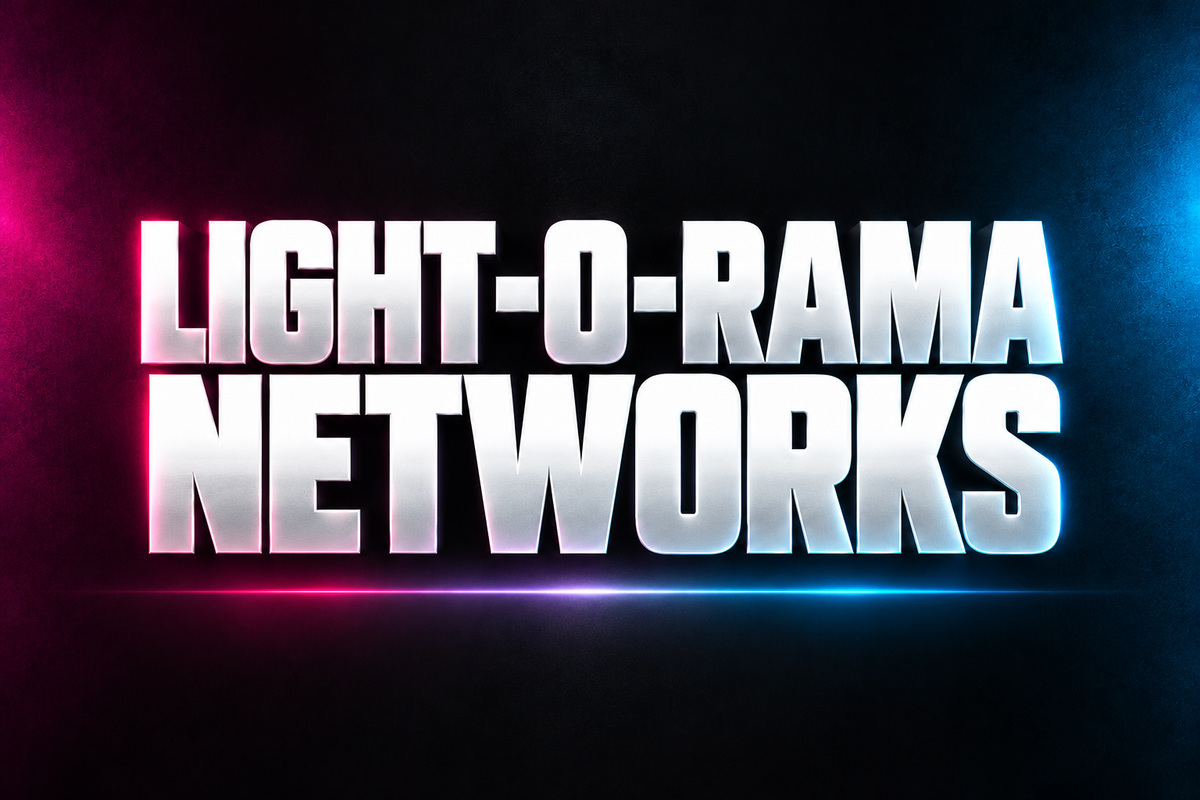 LIGHT-O-RAMA NETWORKS word art in white on a dark background with magenta and blue accents