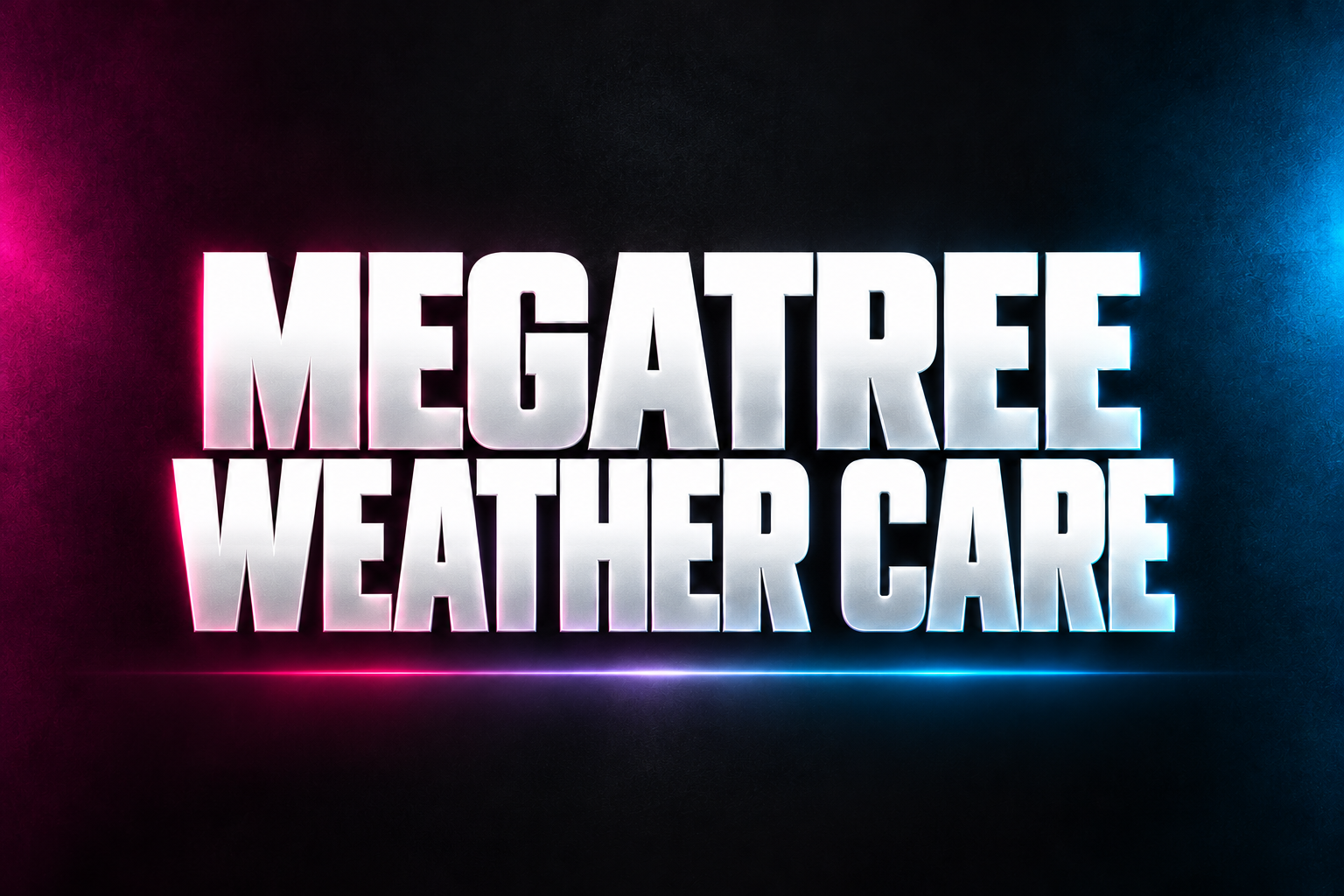 MEGATREE WEATHER CARE word art in white on a dark background with magenta and blue accents