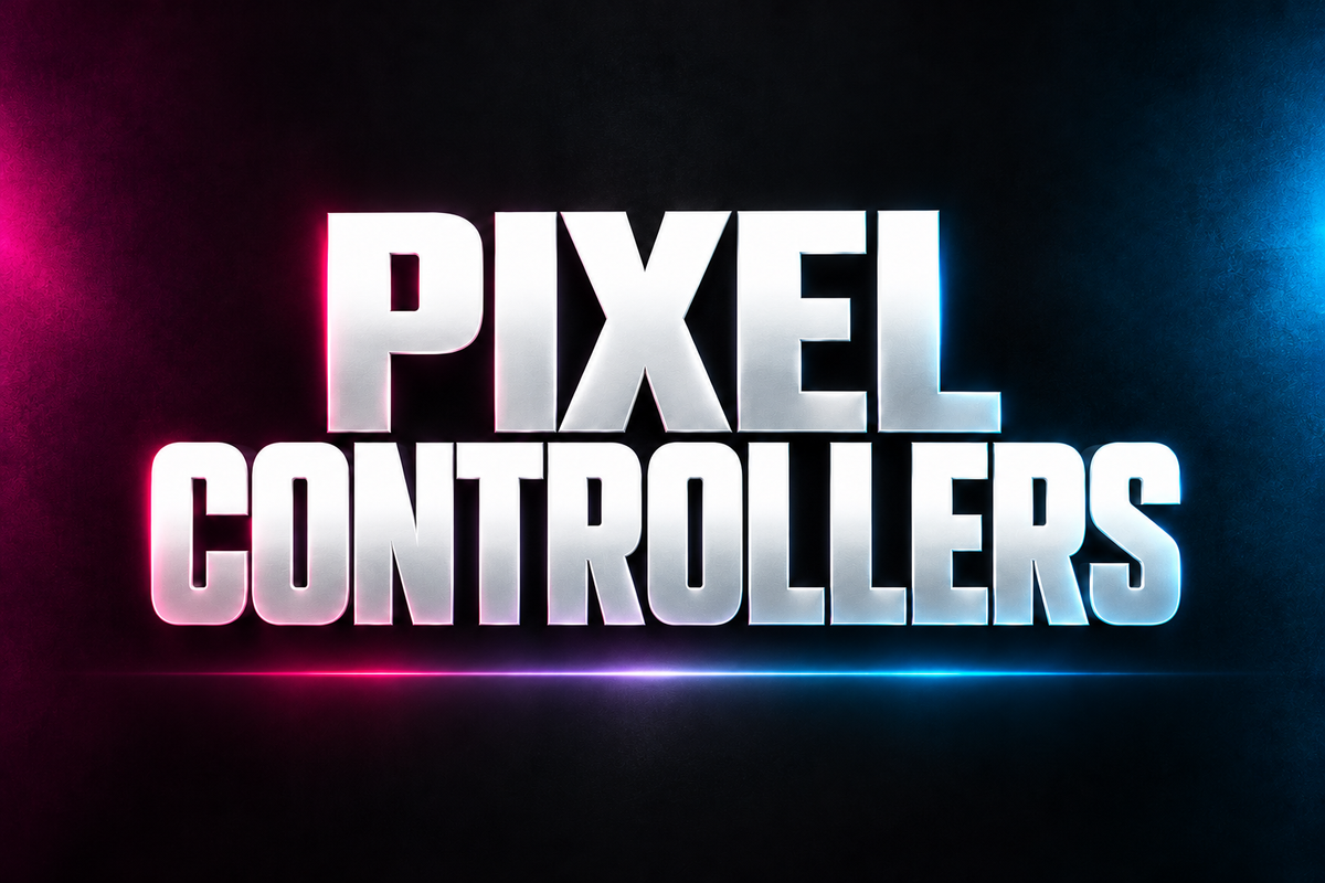 PIXEL CONTROLLERS word art in white on a dark background with magenta and blue accents