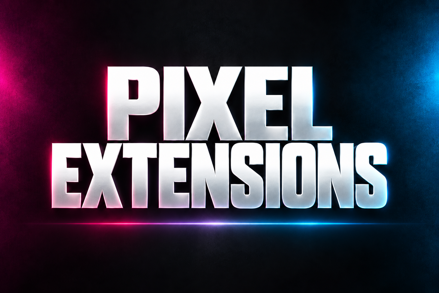 PIXEL EXTENSIONS word art in white on a dark background with magenta and blue accents