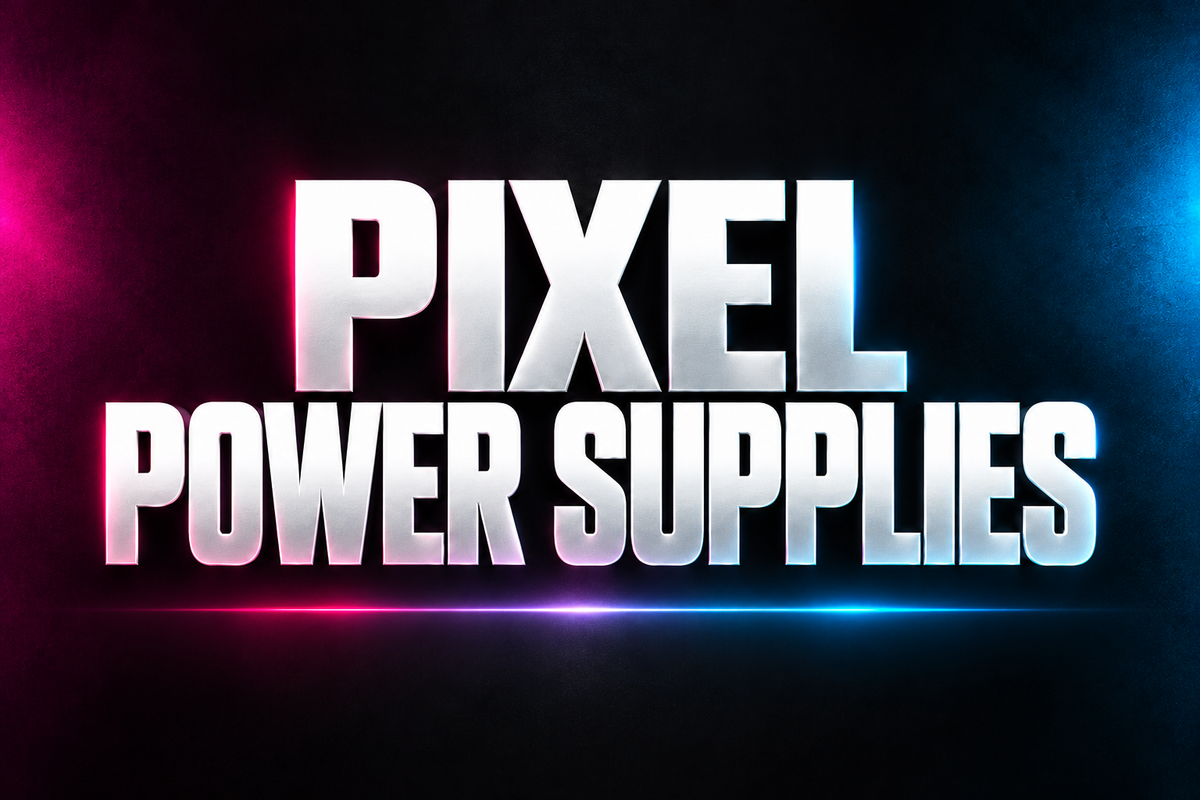 PIXEL POWER SUPPLIES word art in white on a dark background with magenta and blue accents