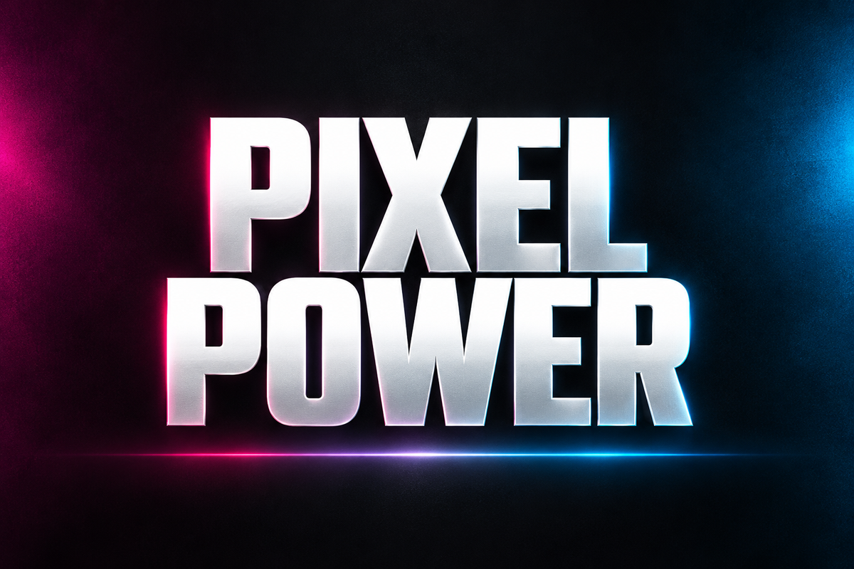 Pixel Power word art in white on a dark background with magenta and blue accents