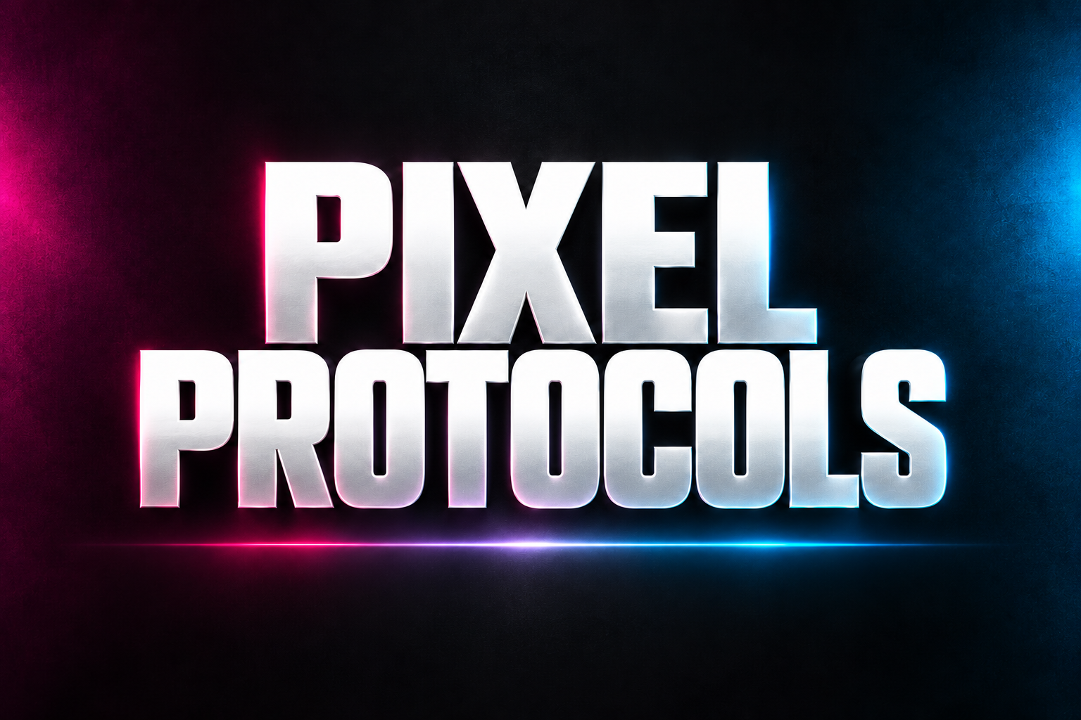 PIXEL PROTOCOLS word art in white on a dark background with magenta and blue accents
