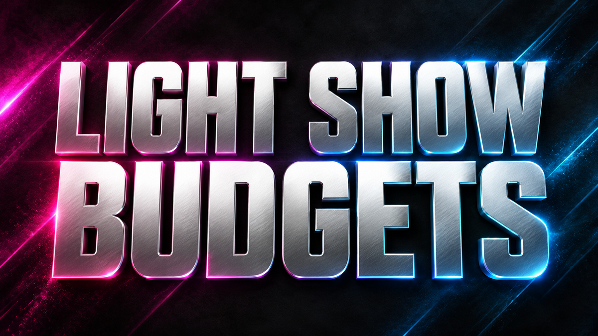 Light show budgets guide cover with silver lettering and magenta and blue accents.