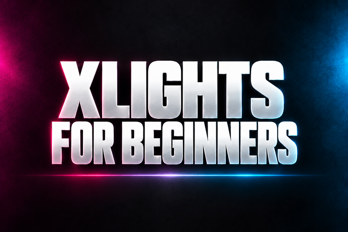 XLIGHTS FOR BEGINNERS word art in white on a dark background with magenta and blue accents