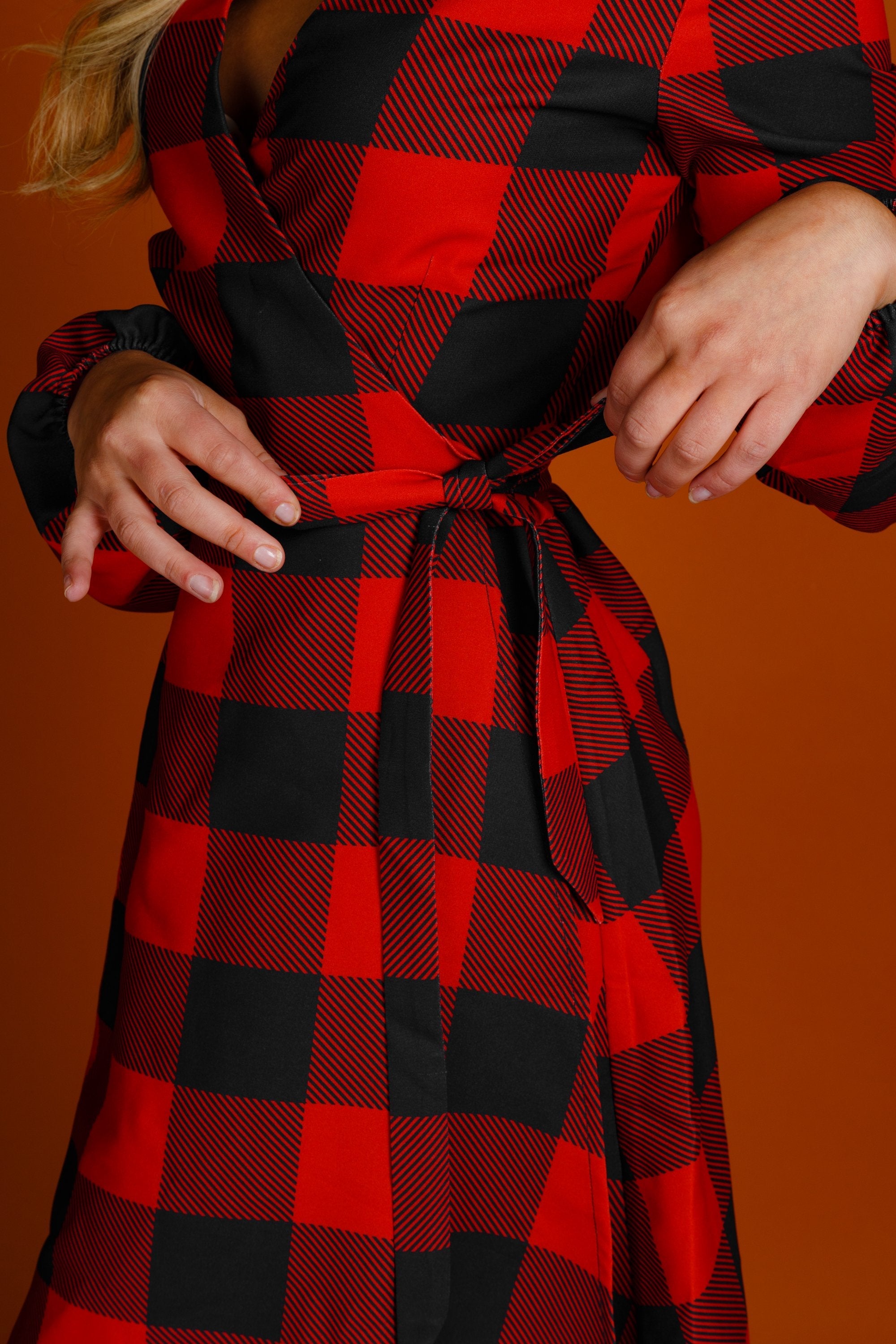graduation knee length dresses The Red & Black Lumberjack | Red Buffalo Check Christmas Wrap Dress | Size M
