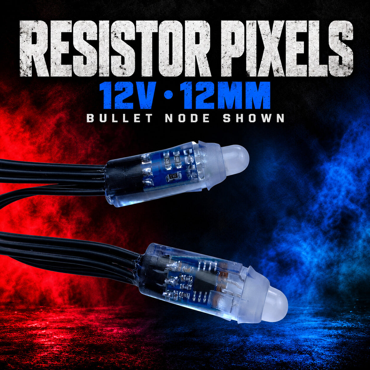 12V 12mm resistor pixel detail showing the bullet-node option with clear housings, blue circuit boards and black wire.