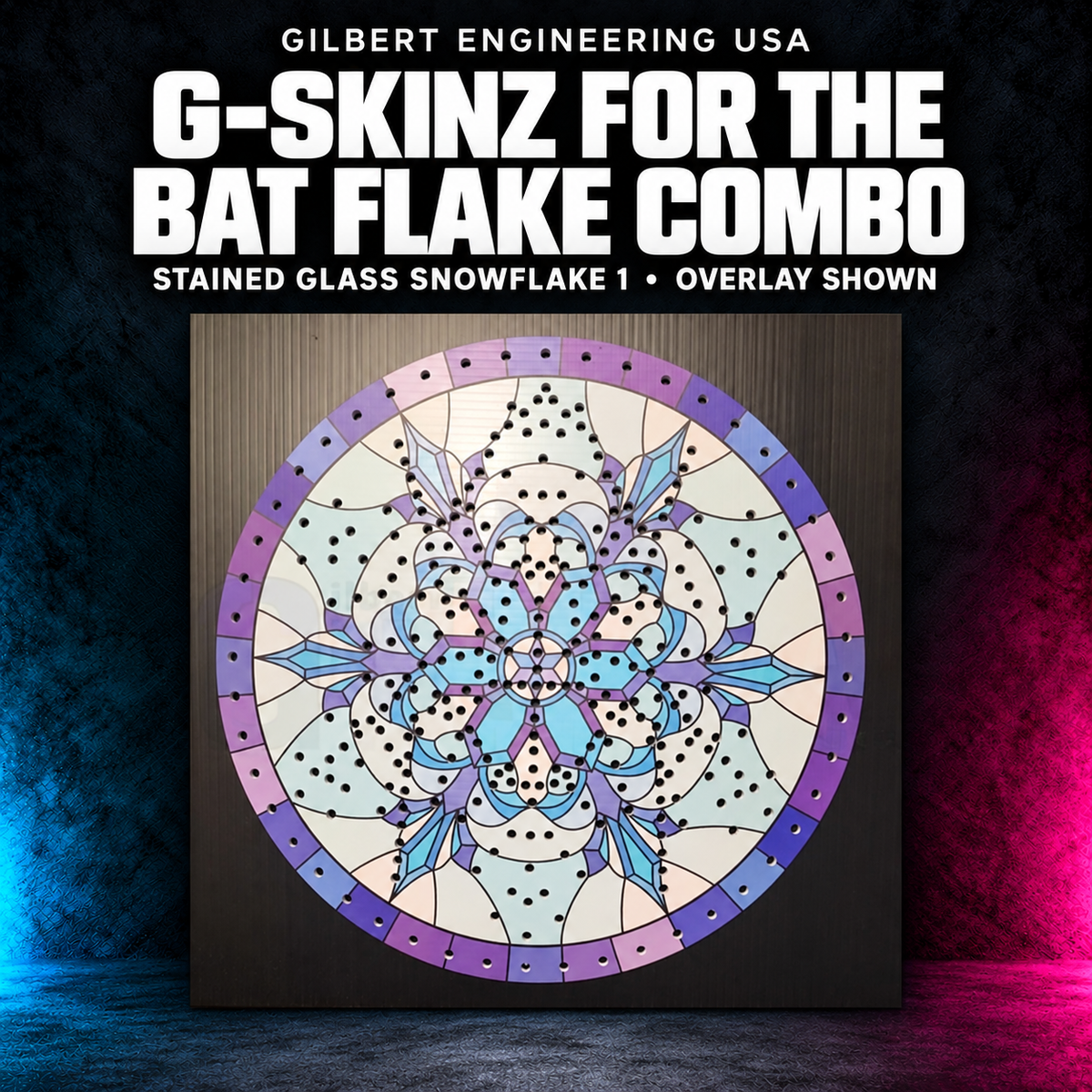 Gilbert Engineering USA G-SkinZ for the Bat Flake Combo; stained glass snowflake 1, overlay shown. Exact photographed product presented on a charcoal background with cyan and magenta accent lighting.