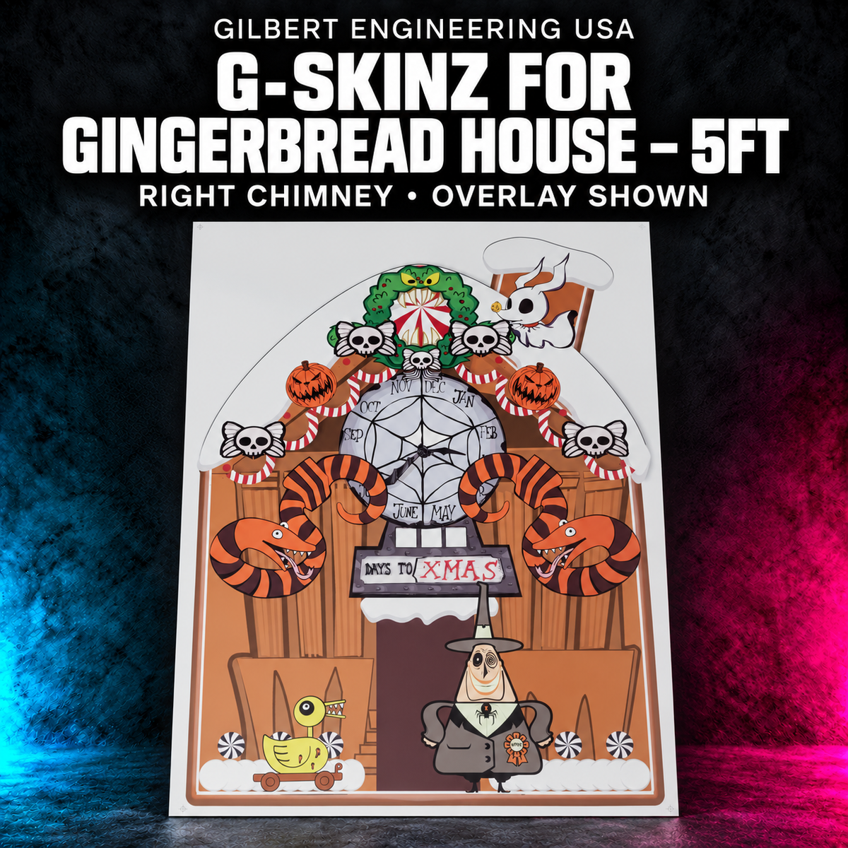 Gilbert Engineering USA G-SkinZ for the Gingerbread House - 5ft; right chimney, overlay shown. Exact photographed product on a charcoal background with cyan and magenta accents.