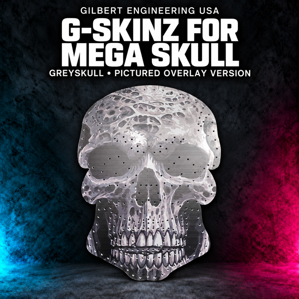 Gilbert Engineering USA G-SkinZ for the Mega Skull; greyskull, pictured overlay version. Exact photographed product on a charcoal background with cyan and magenta accents.