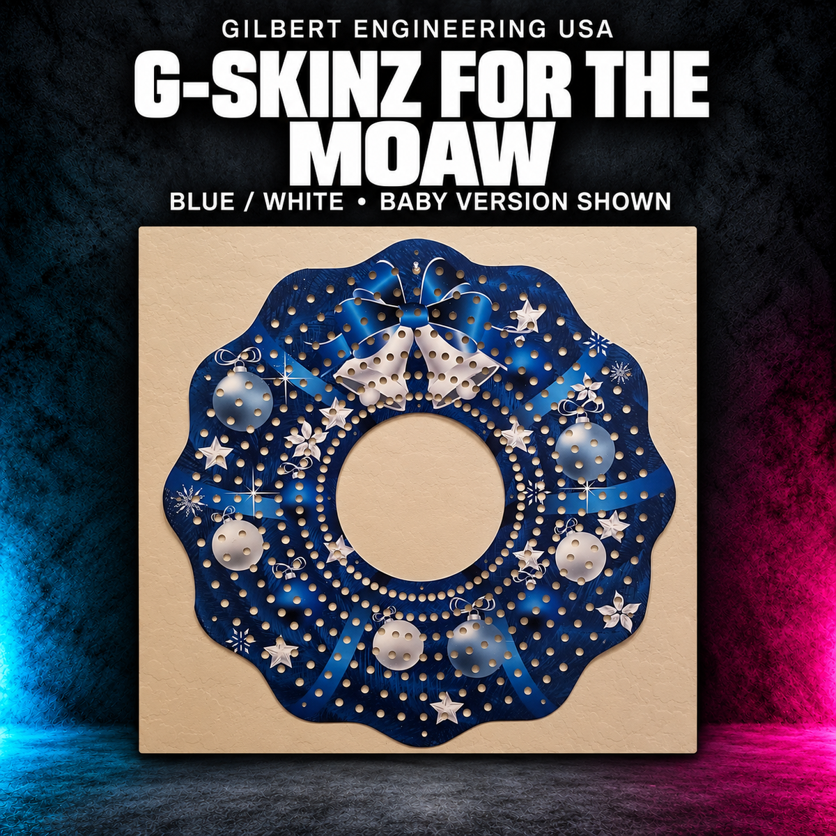 Gilbert Engineering USA G-SkinZ for the MOAW; blue / white, baby version shown. Exact photographed product on a charcoal background with cyan and magenta accents.