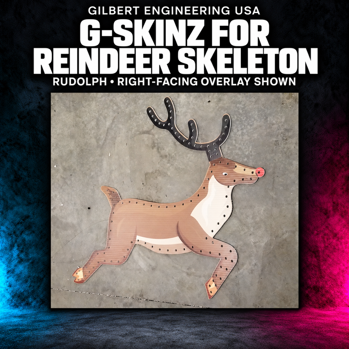 Gilbert Engineering USA G-SkinZ for the Reindeer Skeleton; rudolph, right-facing overlay shown. Exact photographed product on a charcoal background with cyan and magenta accents.