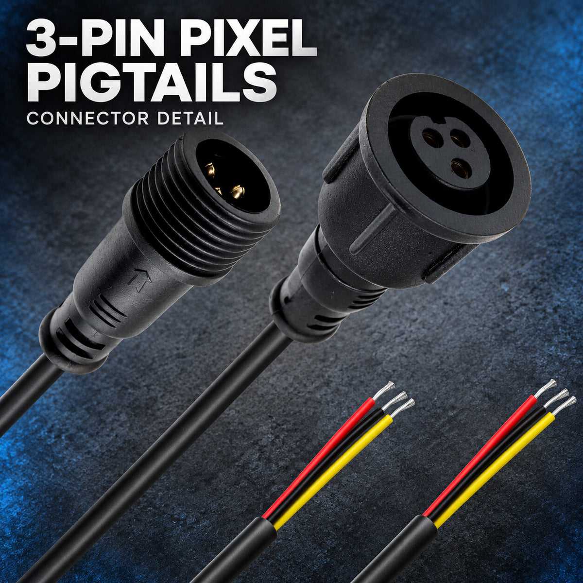 Detail of male and female three-pin pixel pigtail connectors with red, black and yellow bare wire ends.