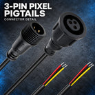 Detail of male and female three-pin pixel pigtail connectors with red, black and yellow bare wire ends.