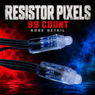 Resistor pixel node detail for the 99-count string, showing two sides of clear bullet housings, blue circuit boards and black wire.