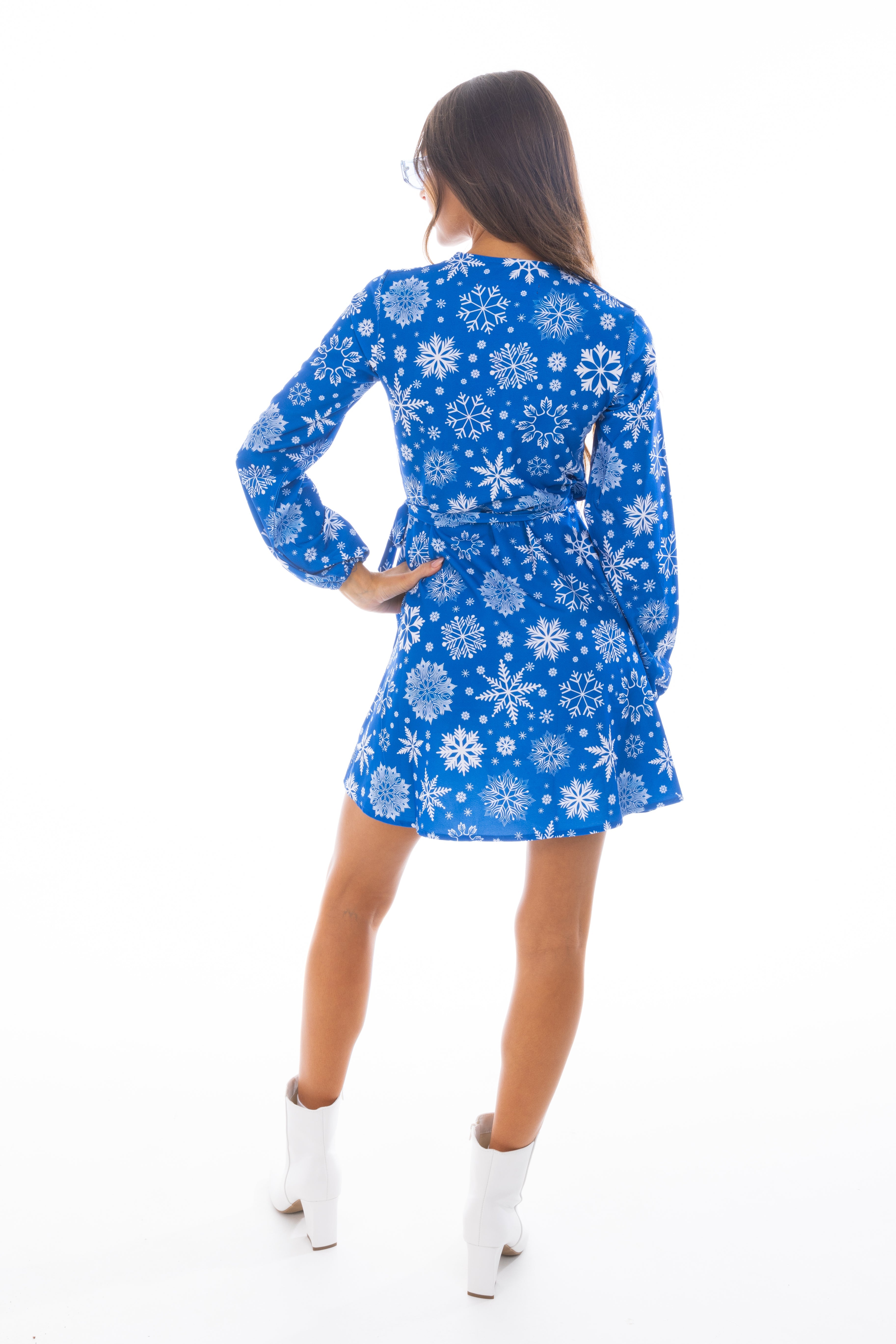 The Ice Never Melts | Blue Snowflake Christmas Wrap Dress The Ice Never Melts | Blue Snowflake Christmas Wrap Dress