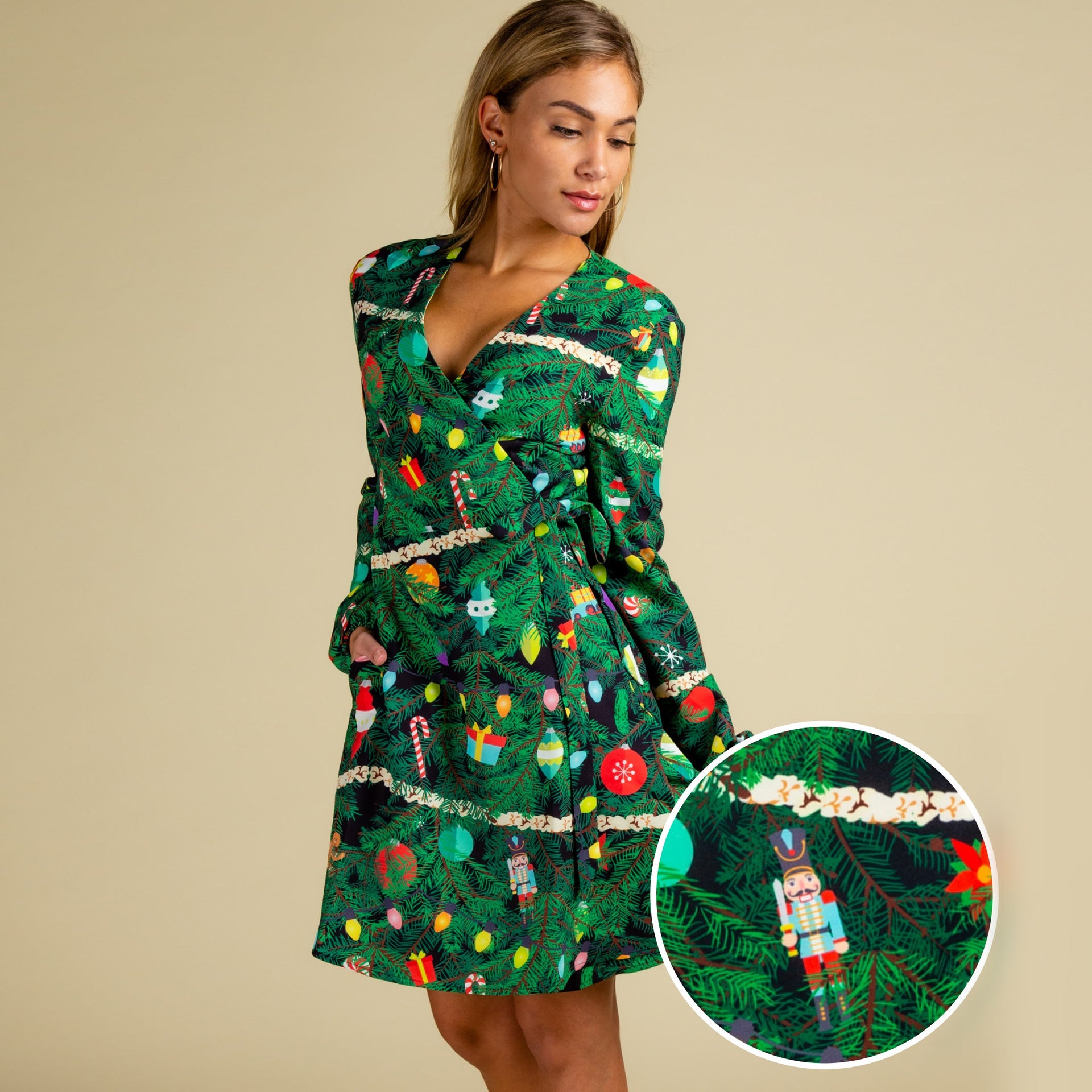 The Christmas Tree Camo | Christmas Tree Print Wrap Dress | Size XS | Green
