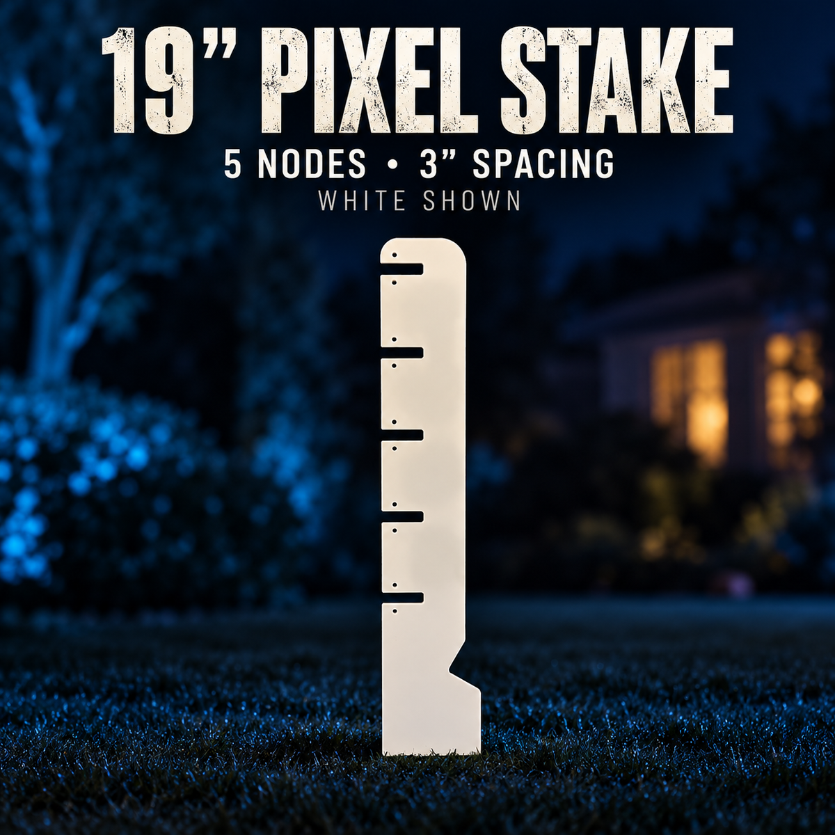 Boscoyo 19-inch white five-node pixel stake with 3-inch spacing; no pixels or ground spike shown.