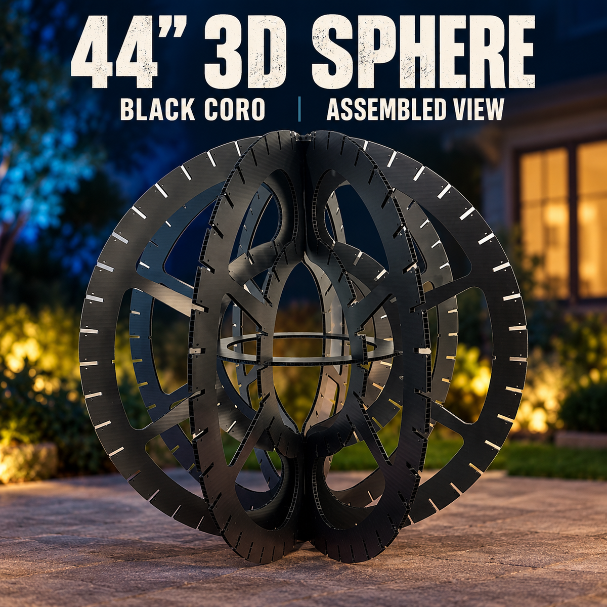 Boscoyo 44-inch 3D sphere shown assembled in black coro with its original nested ribs and mounting slots, unlit.