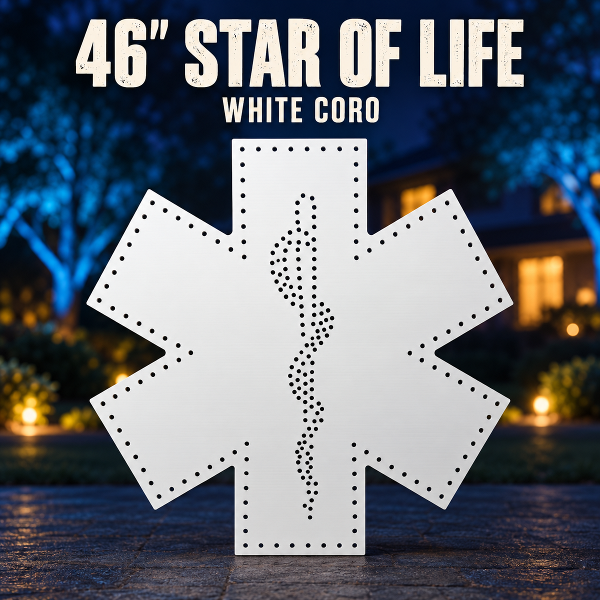Boscoyo46-inch Star of Life white coro prop with original perimeter and snake-and-rod pixel holes, unlit.