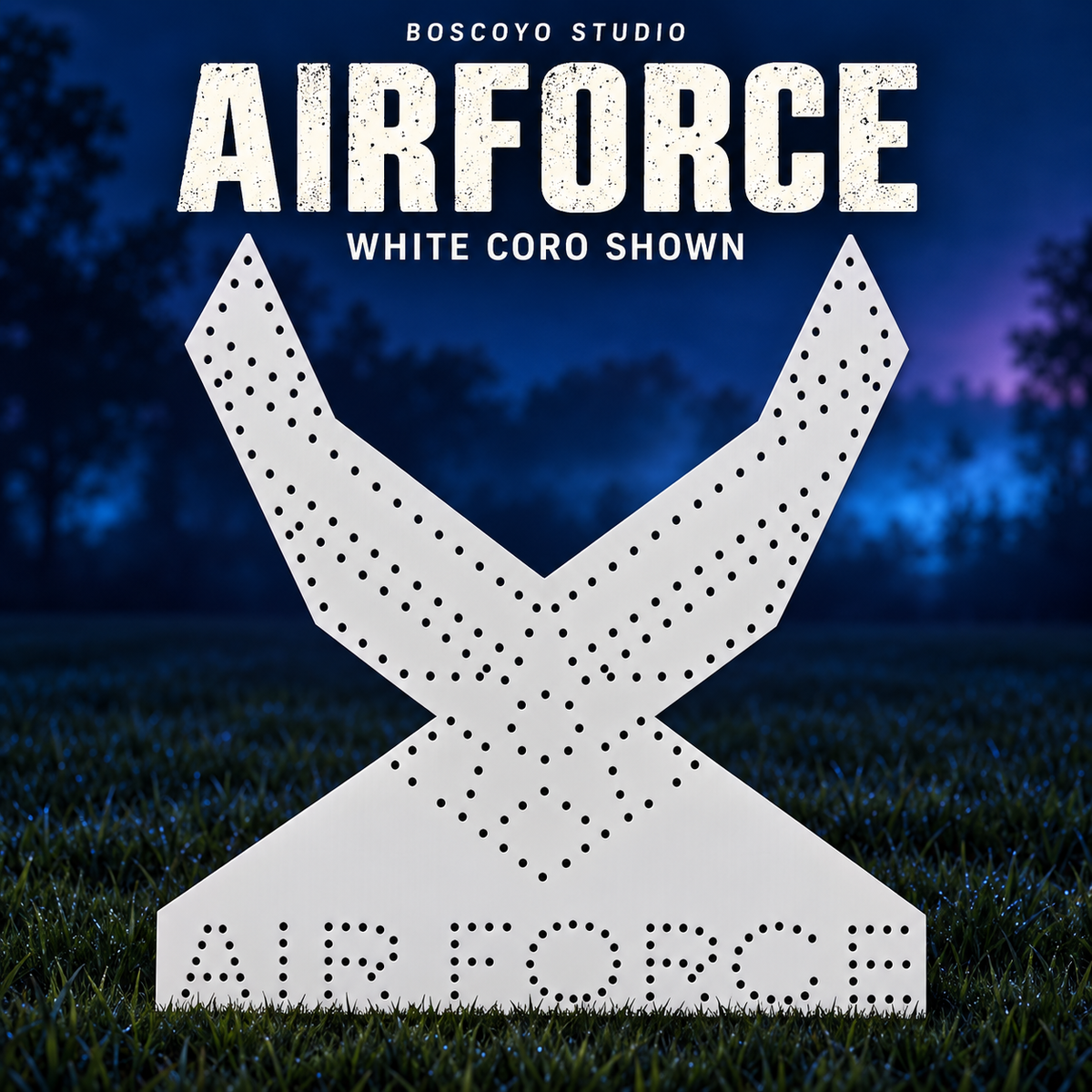 Unlit white Airforce coro prop by Boscoyo Studio, shown against a dark evening yard background.