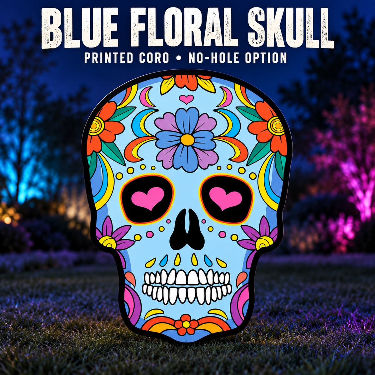 Boscoyo Blue Floral Skull, original printed coro design shown unlit in an evening yard. No-hole option shown.