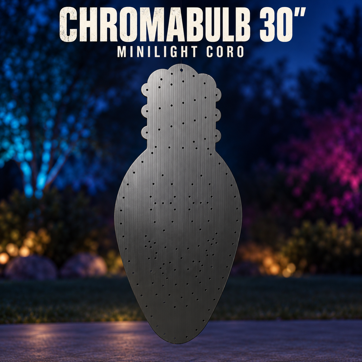 Boscoyo 30-inch ChromaBulb minilight coro prop in hanging orientation, shown unlit with empty mounting holes.