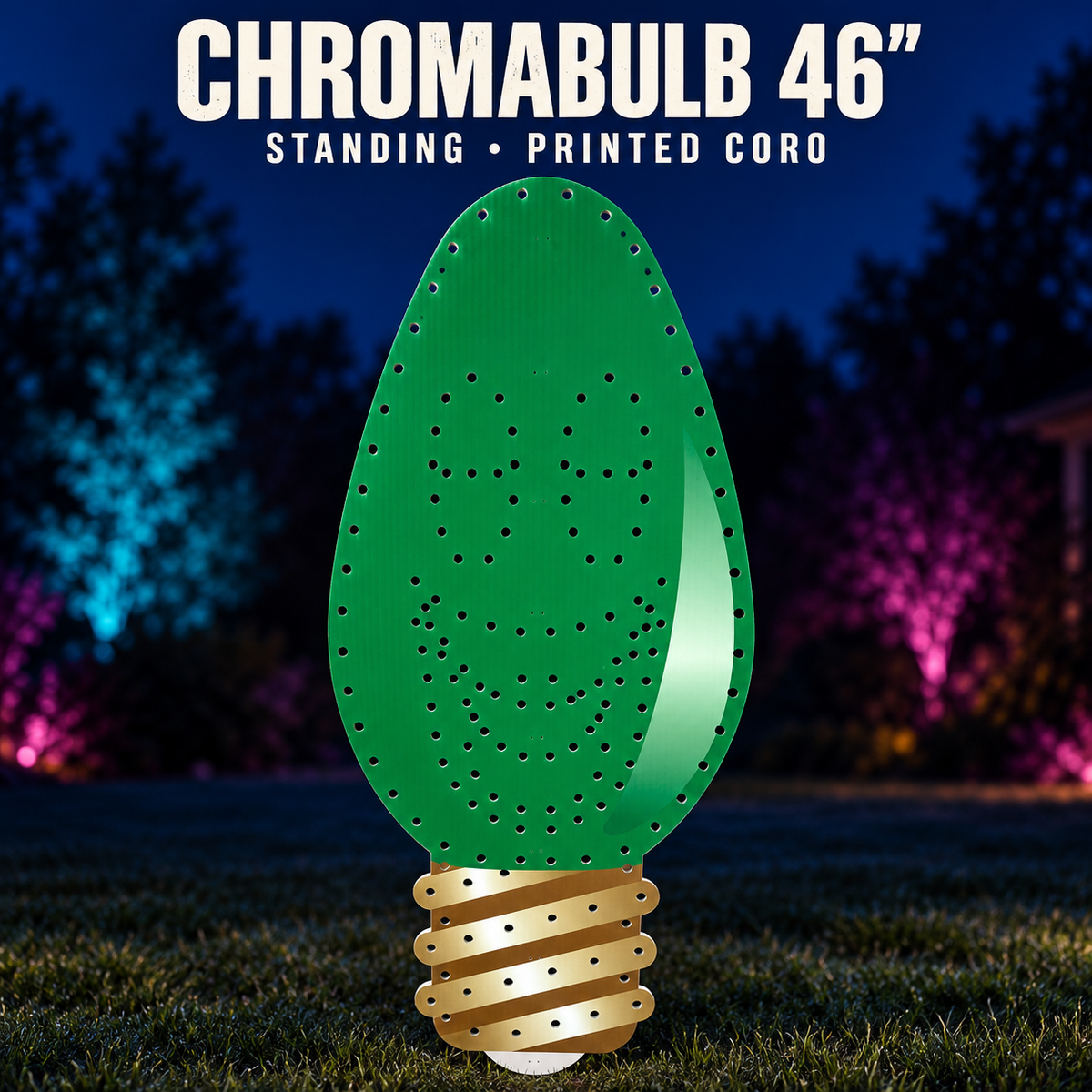 Boscoyo ChromaBulb 46 Standing, original printed coro design shown unlit in an evening yard. Original empty pixel holes visible.