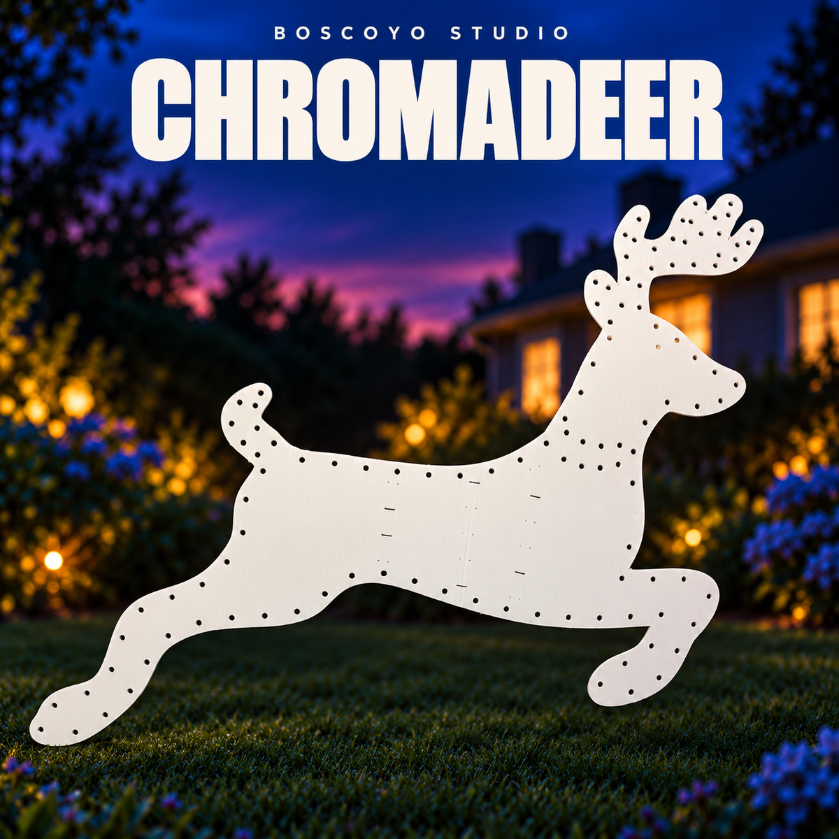 Boscoyo Studio ChromaDeer assembled bare white leaping reindeer coro panel with empty pixel holes.