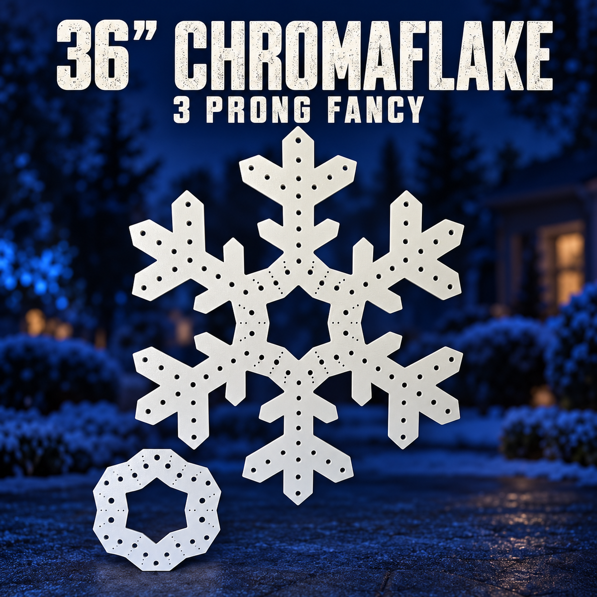 Boscoyo 36-inch three-prong fancy ChromaFlake with its separate backer plate, bare and unlit.