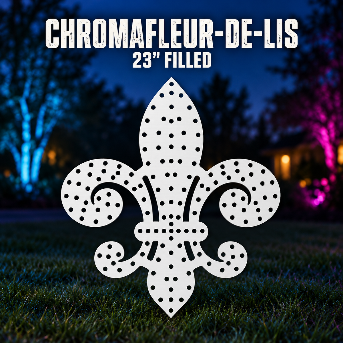 Boscoyo 23-inch filled ChromaFleur-de-lis, unlit white coro with dense empty pixel holes and original curled silhouette.
