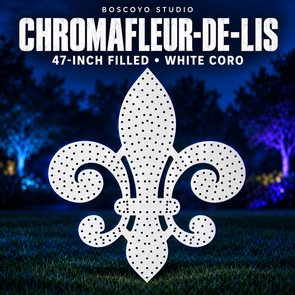 Unlit white 47-inch filled ChromaFleur-de-lis coro prop by Boscoyo Studio.