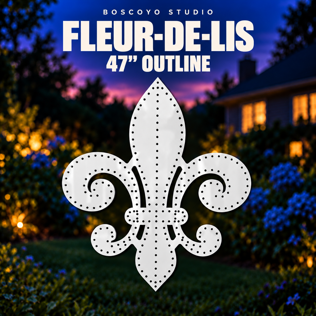 Boscoyo Studio 47-inch Outline ChromaFleur-de-lis bare white coro panel with outline pixel holes.