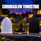 Boscoyo Studio ChromaGlow TombStone Cat design unlit parts kit with clear lens, silhouette, spacer borders and perforated black backer.