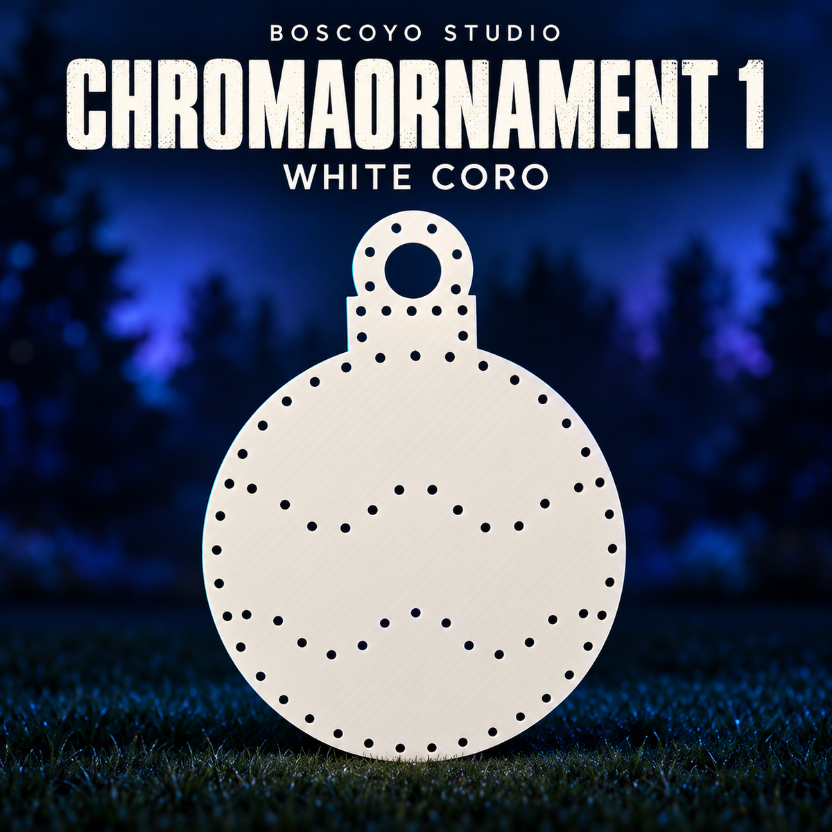 ChromaOrnament 1 by Boscoyo Studio, unlit white coro prop on a dark blue evening yard background.