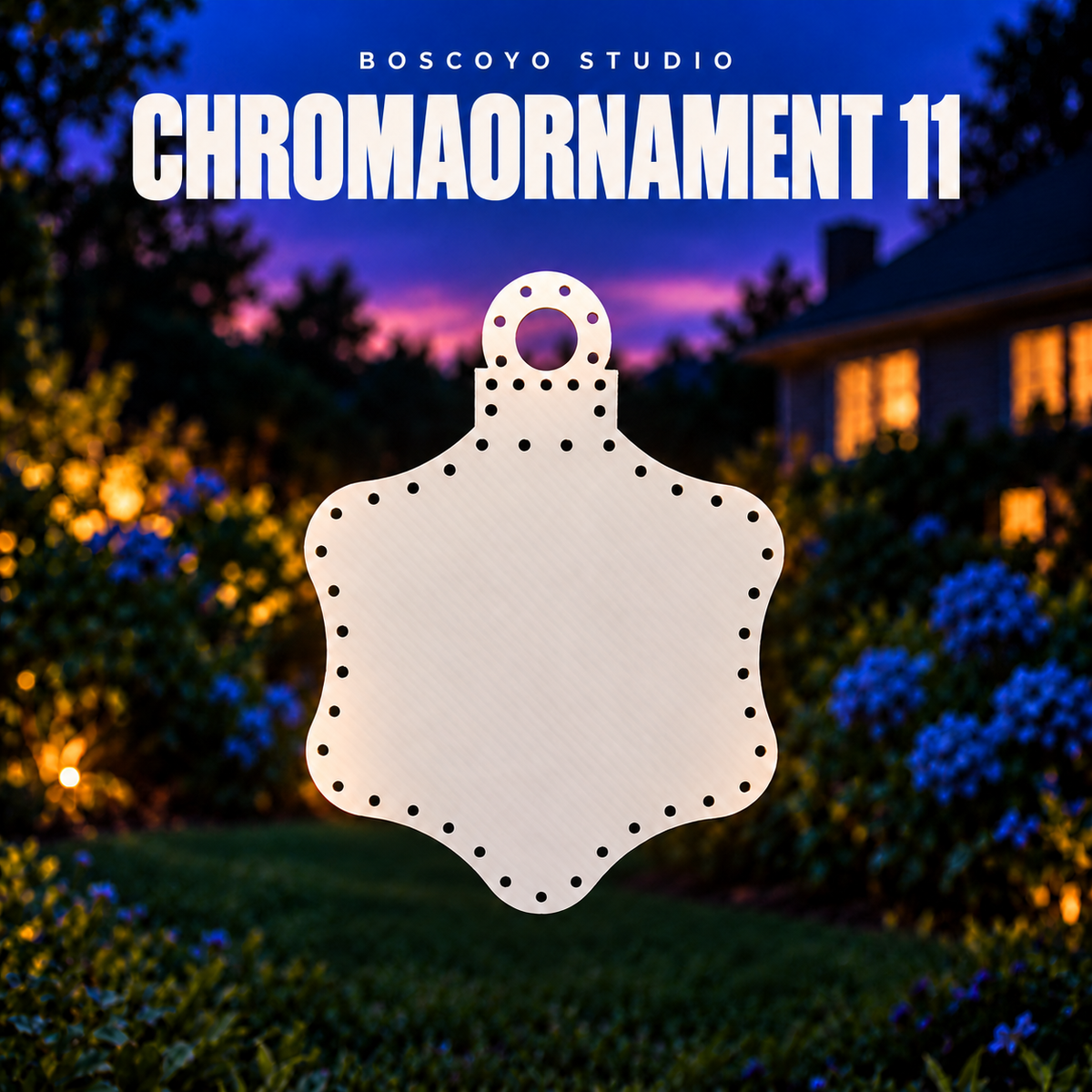 Boscoyo Studio ChromaOrnament 11 bare white coro scalloped ornament panel with empty outline pixel holes.