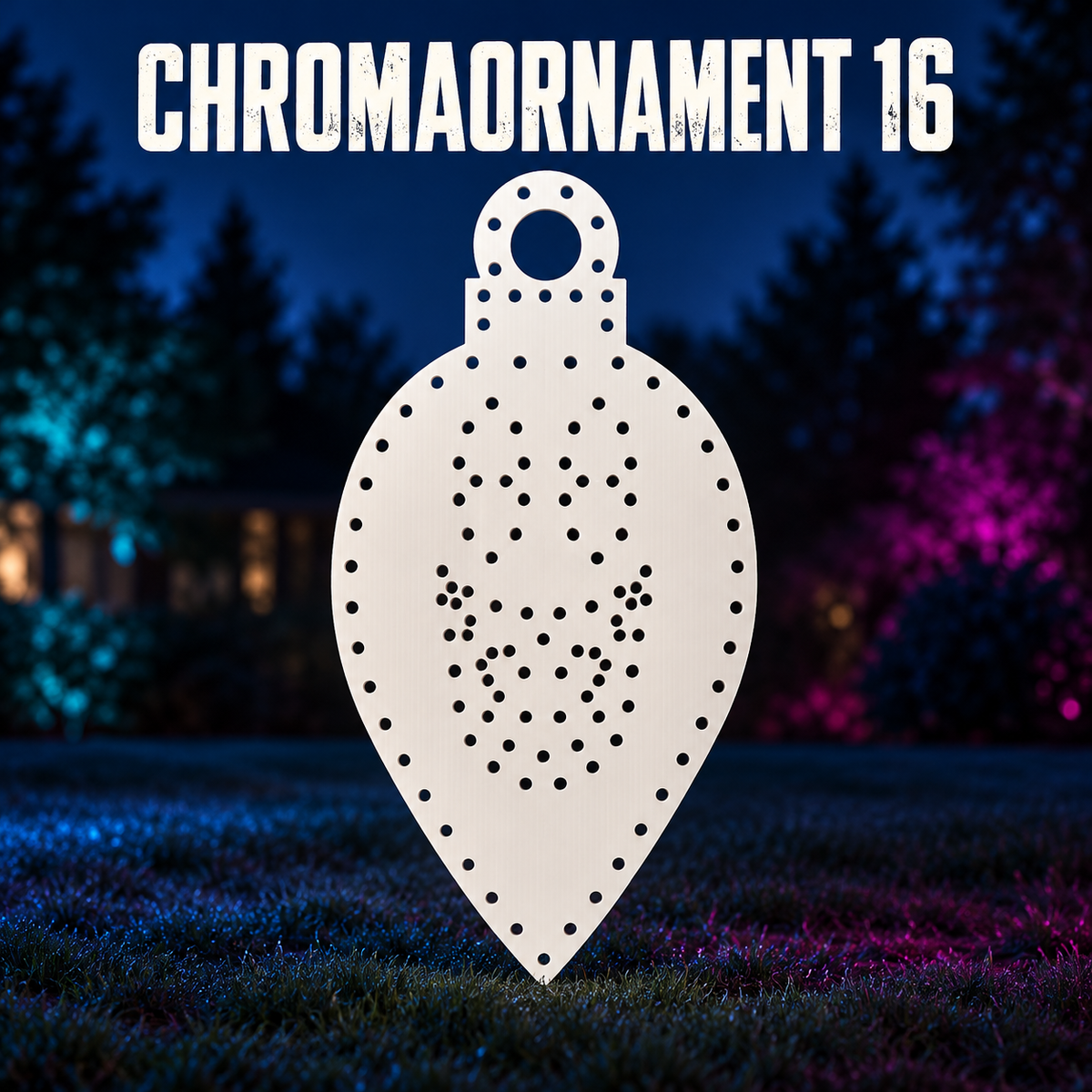 Boscoyo ChromaOrnament 16, an unlit white coro teardrop with its original singing-face and perimeter empty pixel holes.