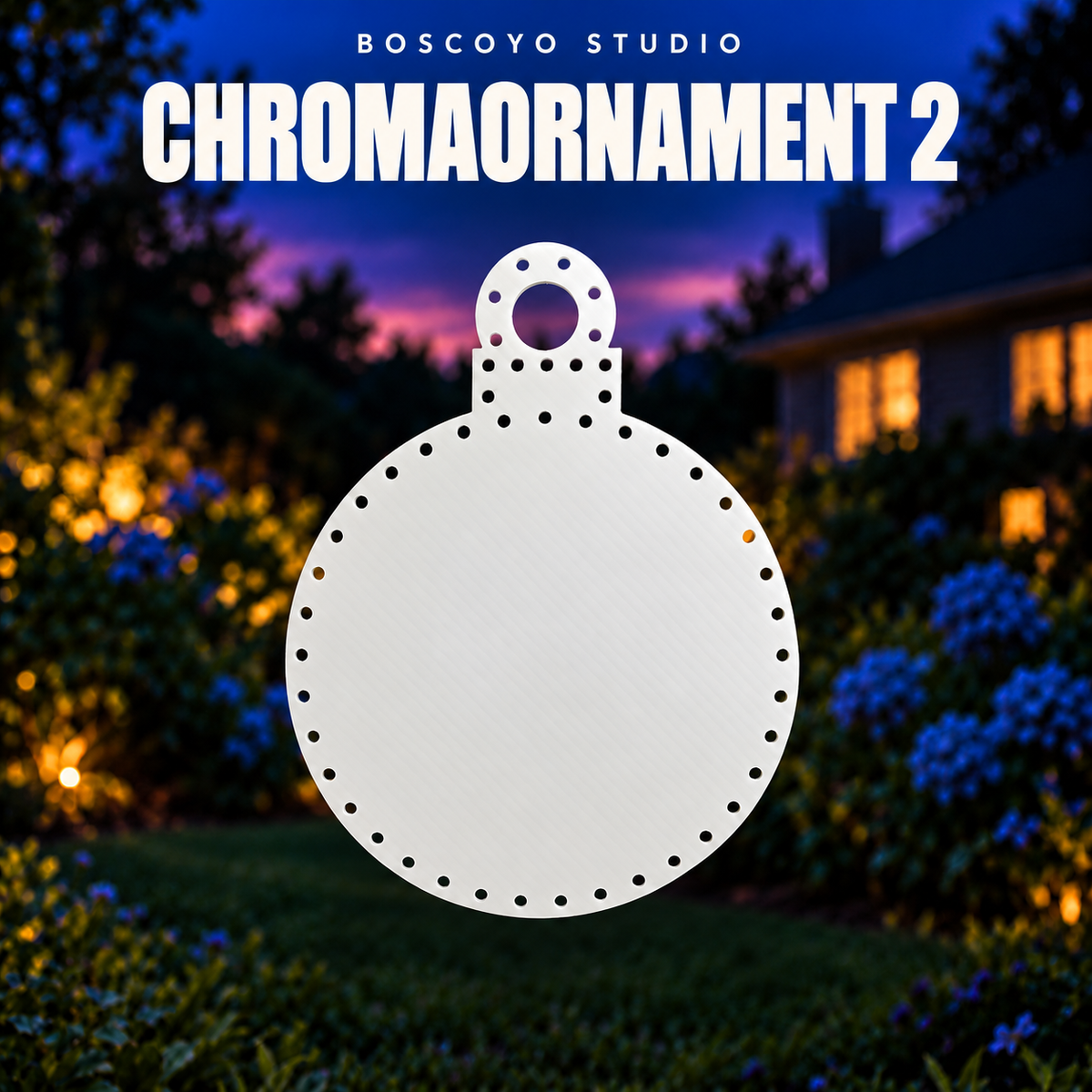 ChromaOrnament 2 bare white coro prop with empty pixel holes in an evening yard setting