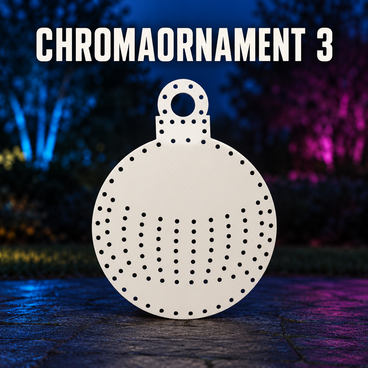 Boscoyo ChromaOrnament 3, an unlit white round coro ornament with top loop and original lower matrix of empty pixel holes.